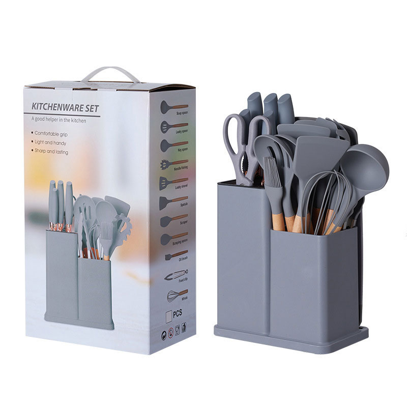 Ensemble d'ustensiles de cuisine en silicone de 19 pièces avec seau de rangement et couteaux
